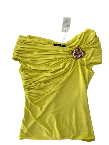 Roberto Cavalli Vintage Draped Top with Snake & Flower Brooch – Lime Green Off-Shoulder