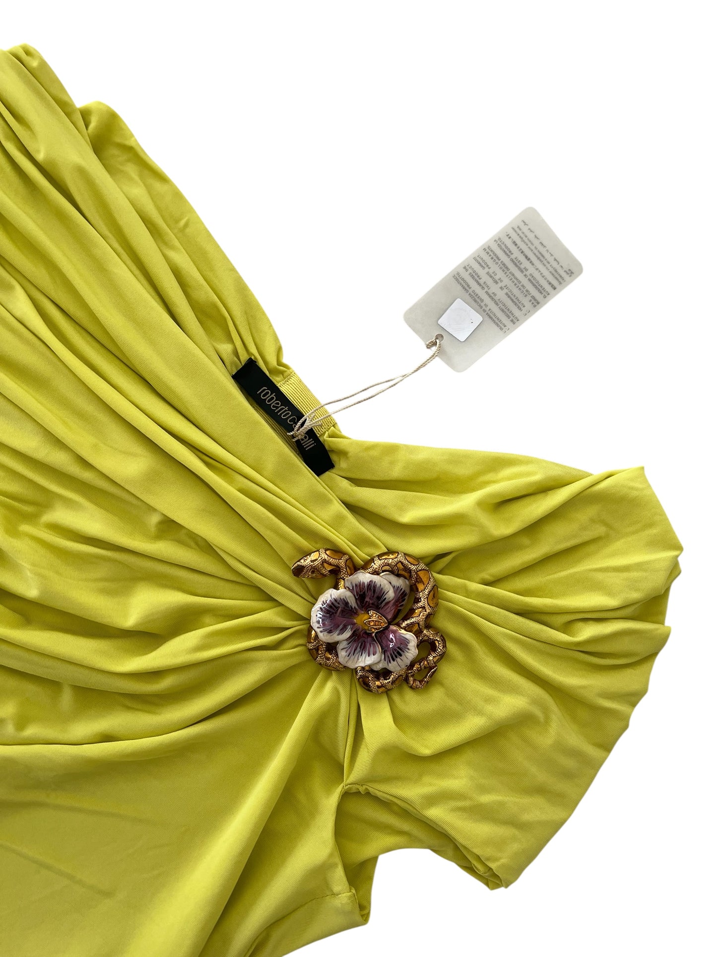 Roberto Cavalli Vintage Draped Top with Snake & Flower Brooch – Lime Green Off-Shoulder