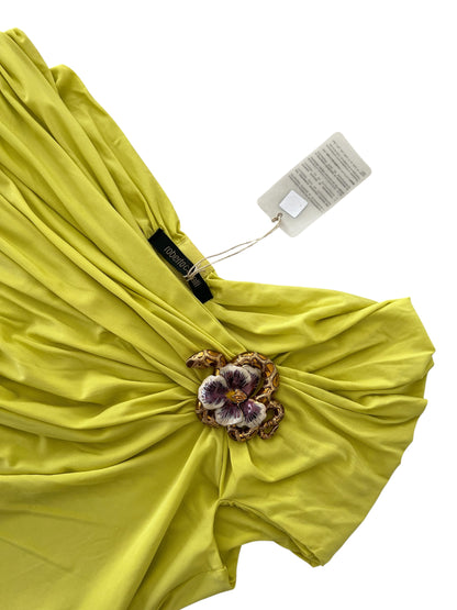 Roberto Cavalli Vintage Draped Top with Snake & Flower Brooch – Lime Green Off-Shoulder