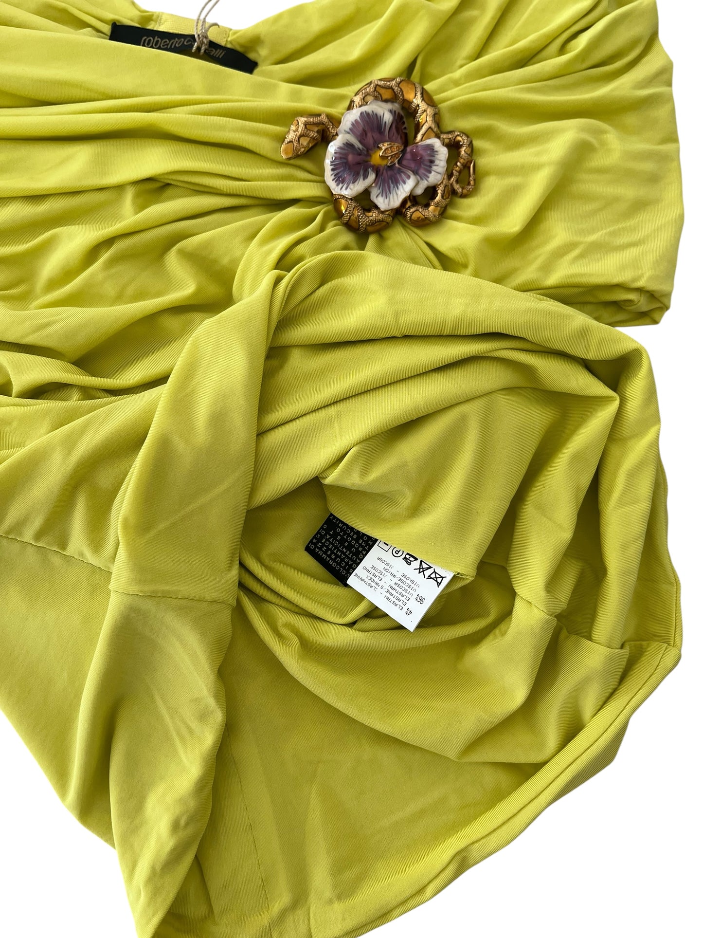 Roberto Cavalli Vintage Draped Top with Snake & Flower Brooch – Lime Green Off-Shoulder
