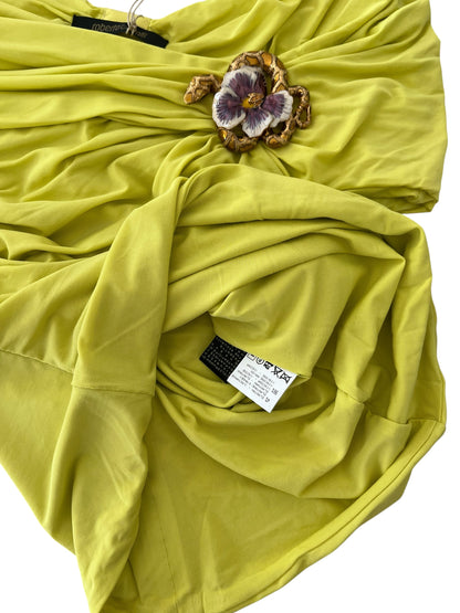Roberto Cavalli Vintage Draped Top with Snake & Flower Brooch – Lime Green Off-Shoulder