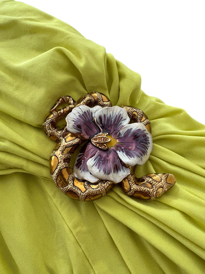 Roberto Cavalli Vintage Draped Top with Snake & Flower Brooch – Lime Green Off-Shoulder