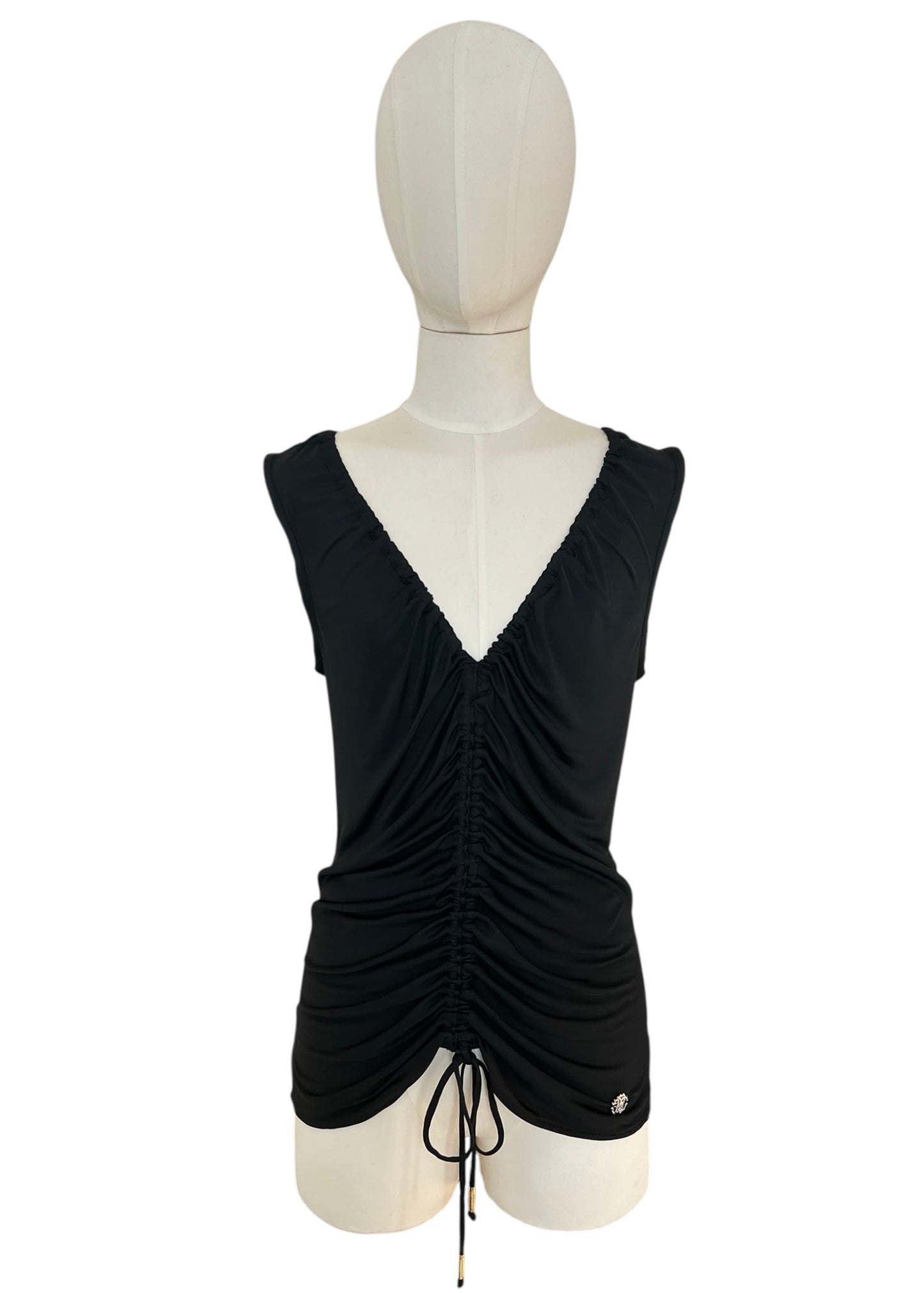 Roberto Cavalli Vintage Black Ruched Tank Top – Adjustable Drawstring Y2K Designer Top
