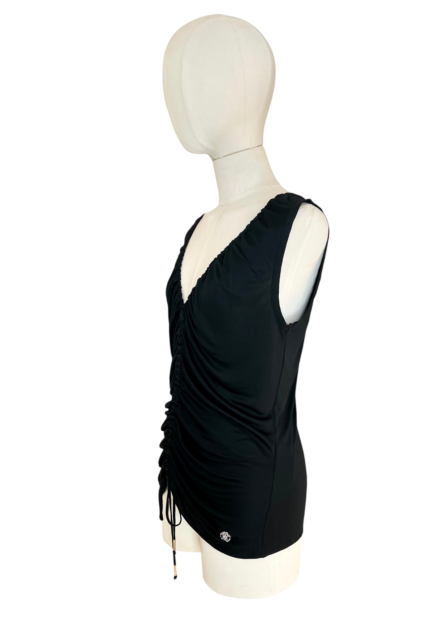 Roberto Cavalli Vintage Black Ruched Tank Top – Adjustable Drawstring Y2K Designer Top