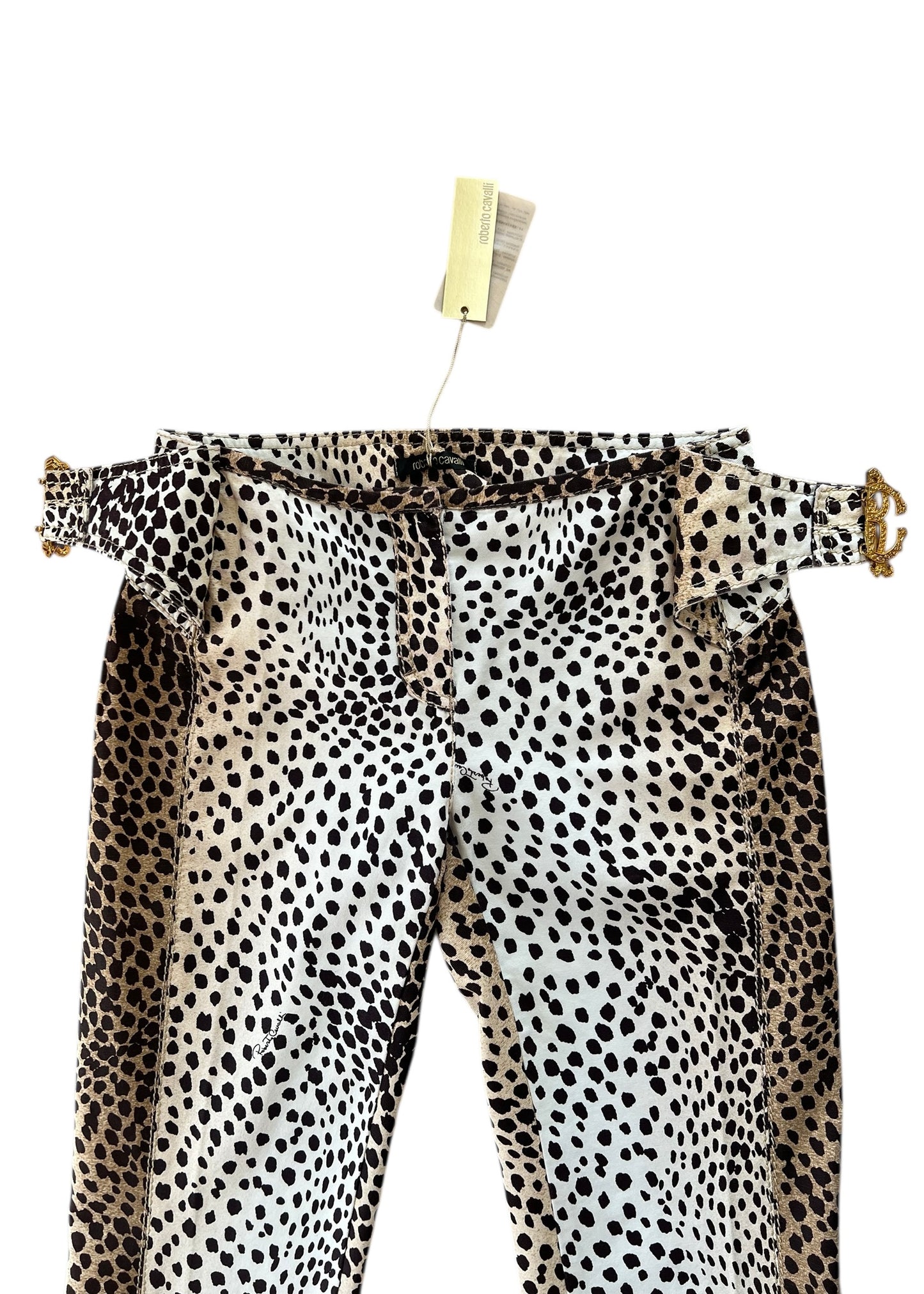 Roberto Cavalli Leopard Print Cropped Pants with RC Jewel Belt Buckle | Y2K Designer Animal Print Trousers