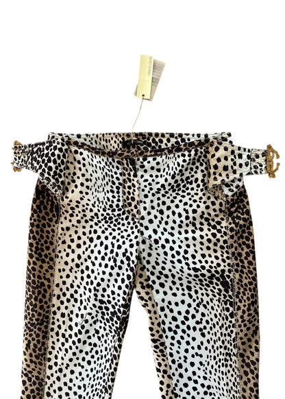 Roberto Cavalli Leopard Print Cropped Pants with RC Jewel Belt Buckle | Y2K Designer Animal Print Trousers
