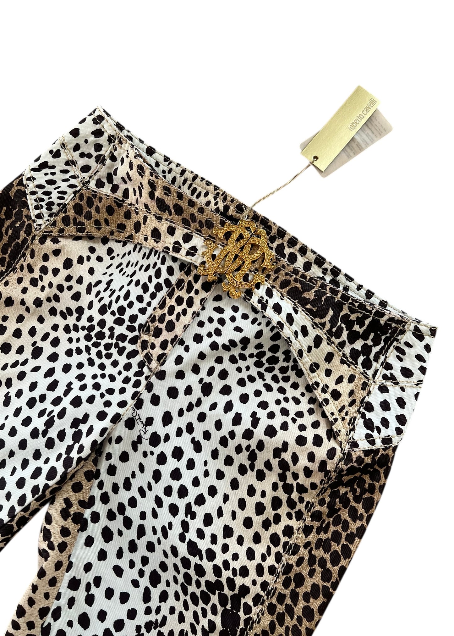 Roberto Cavalli Leopard Print Cropped Pants with RC Jewel Belt Buckle | Y2K Designer Animal Print Trousers