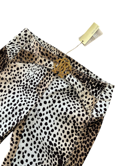 Roberto Cavalli Leopard Print Cropped Pants with RC Jewel Belt Buckle | Y2K Designer Animal Print Trousers