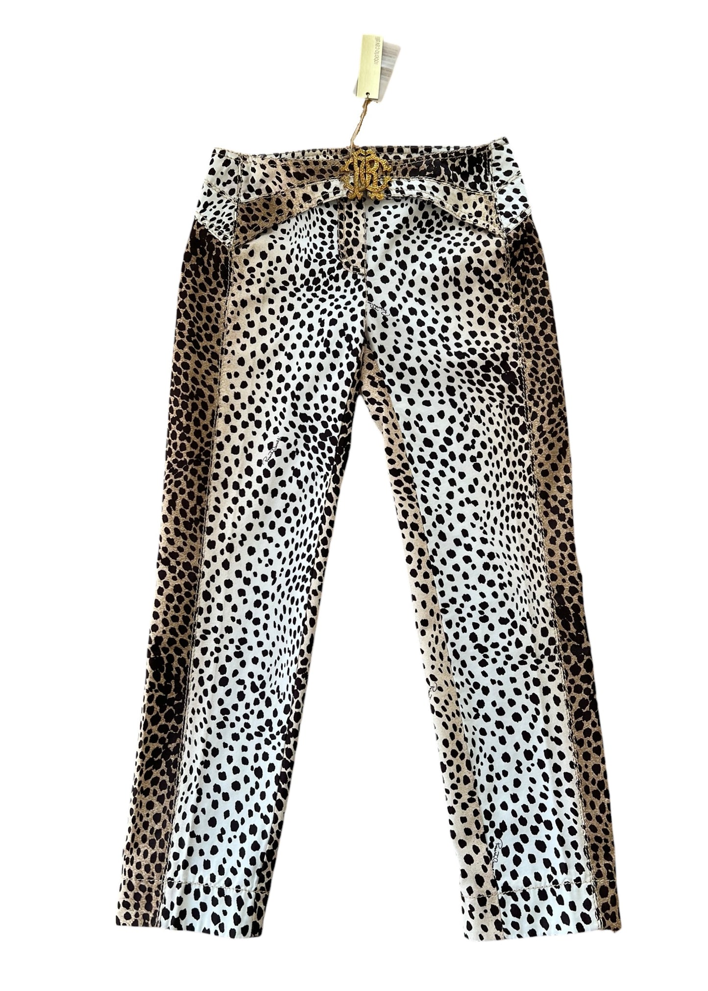 Roberto Cavalli Leopard Print Cropped Pants with RC Jewel Belt Buckle | Y2K Designer Animal Print Trousers
